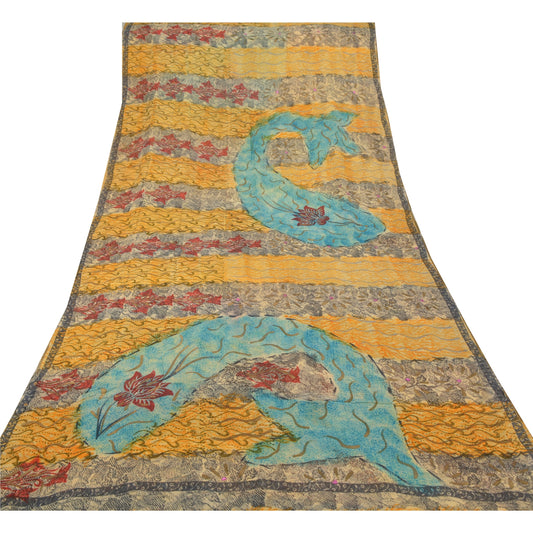 Sanskriti Vintage Indian Sari Yellow Printed Blend Georgette Sarees Craft Sustainable Fabric