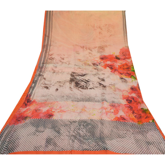 Sanskriti Vintage Saree Peach Digital Printed Blend Georgette Sari Craft Sustainable Fabric