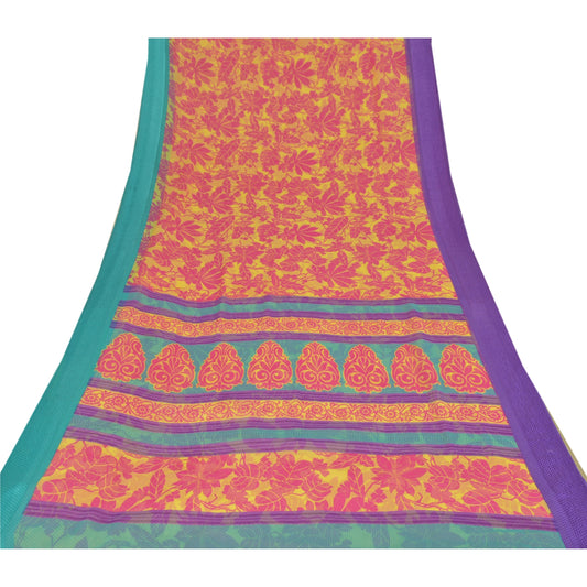 Sanskriti Vintage Indian Sari Yellow Printed Georgette Sarees Craft 5 YD Sustainable Fabric