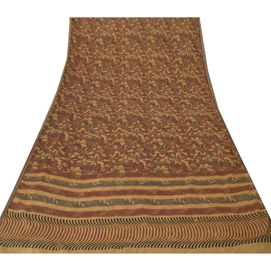 Sanskriti Vintage Brown Sarees Chiffon Silk Printed Sustainable Fabric Craft 5 Yard Sari