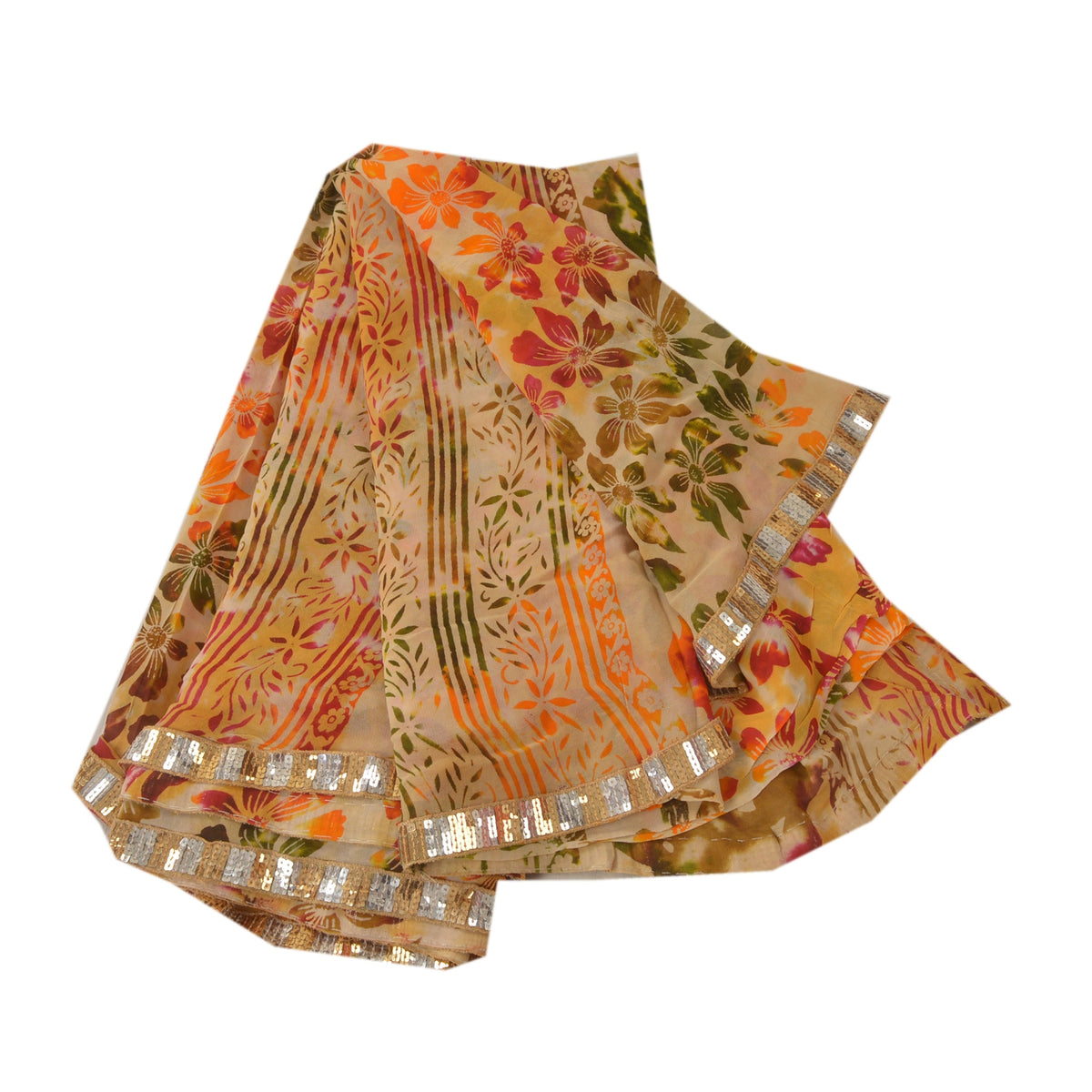 Sanskriti Vintage Cream Sari Blend Georgette Printed Sustainable Fabric Craft Decor Sari