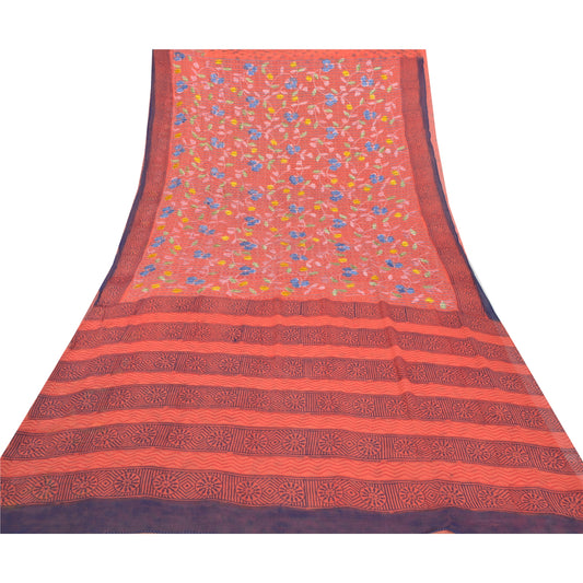 Sanskriti Vintage Peach Sarees Pure Georgette Silk Printed Sari Craft Sustainable Fabric
