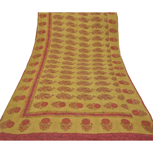 Sanskriti Vintage Sarees Pure Georgette Silk Green Printed Sustainable Fabric Craft Sari