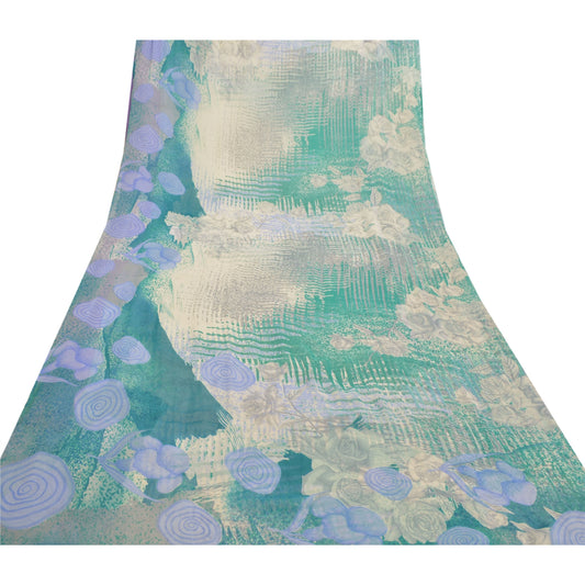 Санскритское винтажное индийское зеленое сари жоржет из экологически чистой ткани с принтом в виде мягких сари