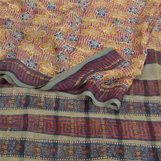 Sanskriti Vintage Red Sarees Pure Chiffon Silk Printed Sari 5 YD Craft Sustainable Fabric