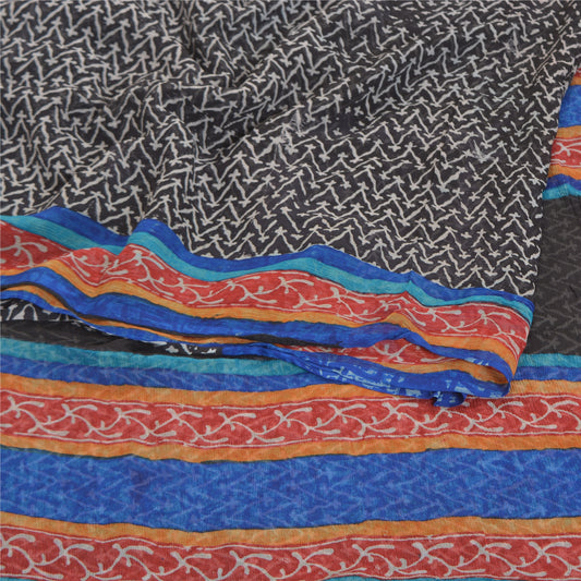 Sanskriti Vintage Blue Sarees Pure Chiffon Silk Printed Sari 5 YD Craft Sustainable Fabric