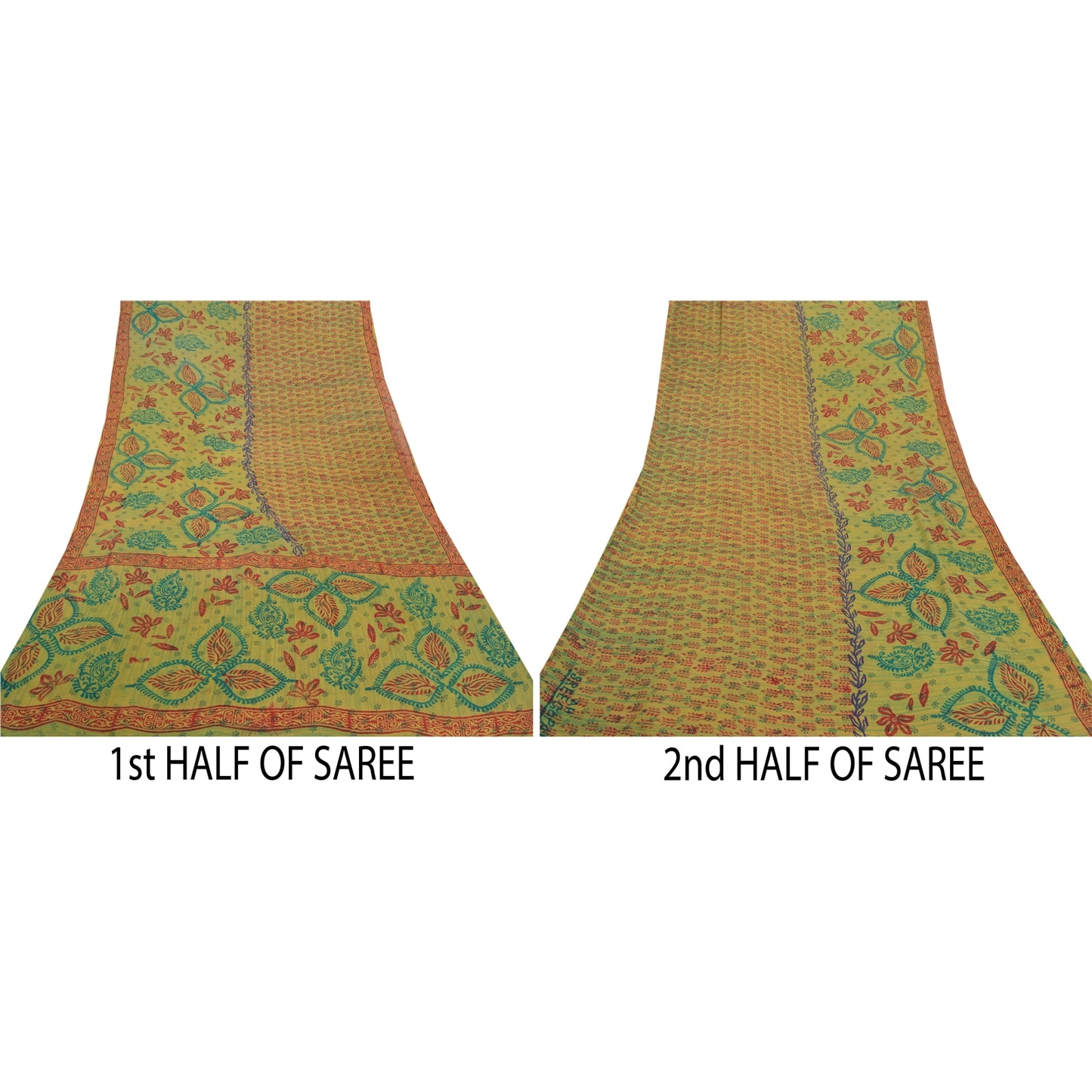 Sanskriti Vintage Grønne Sarier Ren Georgette Silke Trykt Sari 5YD Håndværk Bæredygtigt Stoff