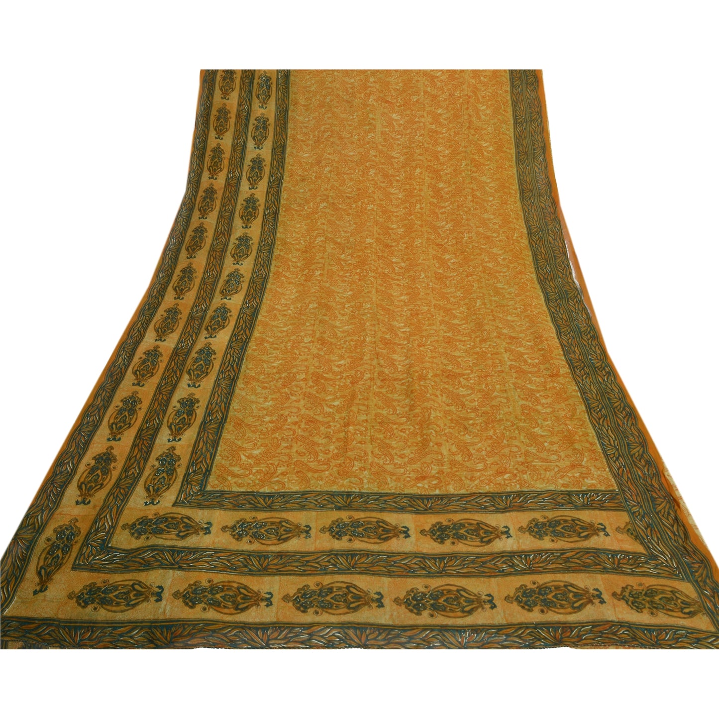 Sanskriti Vintage Saffron Sarees Pure Georgette Silk Printed Sari Craft Sustainable Fabric