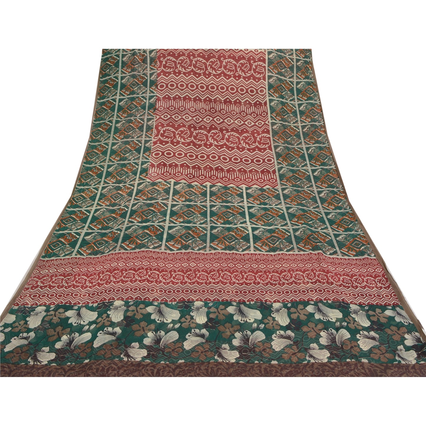 Sanskriti Vintage Grønne Sarier Ren Georgette Silke Trykt Sari 5YD Håndværk Bæredygtigt Stoff