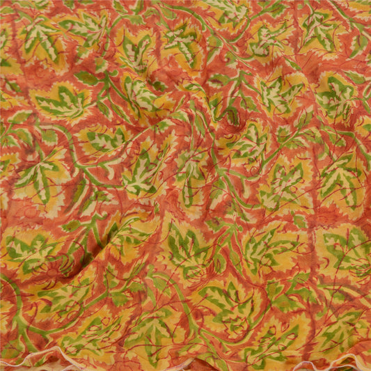 Sanskriti Vintage Sari Blend Georgette Orange Printed Saree 5 Yard Craft Fabric Home Decor, Women Floral Outfit, Silk Scrap