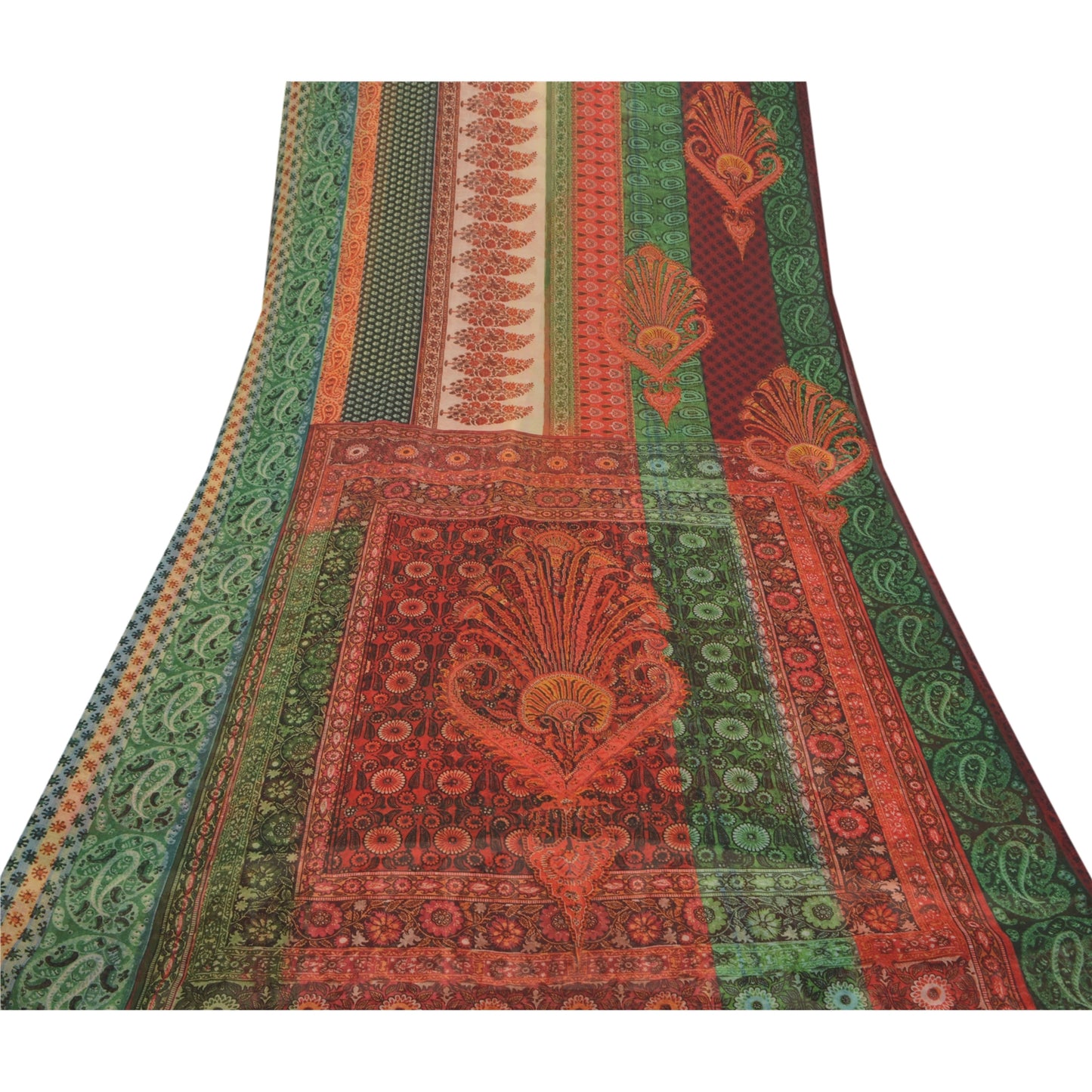 Sanskriti Vintage Saree Green & Red Georgette 6.5+Yard Saree Floral Printed Sari Soft Craft Fabric For Quilting Felting, Home Decor