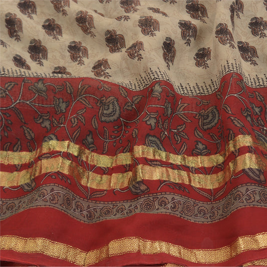 Sanskriti Vintage Cream Saree Blend Georgette Printed Zari Border Sari Sustainable Fabric