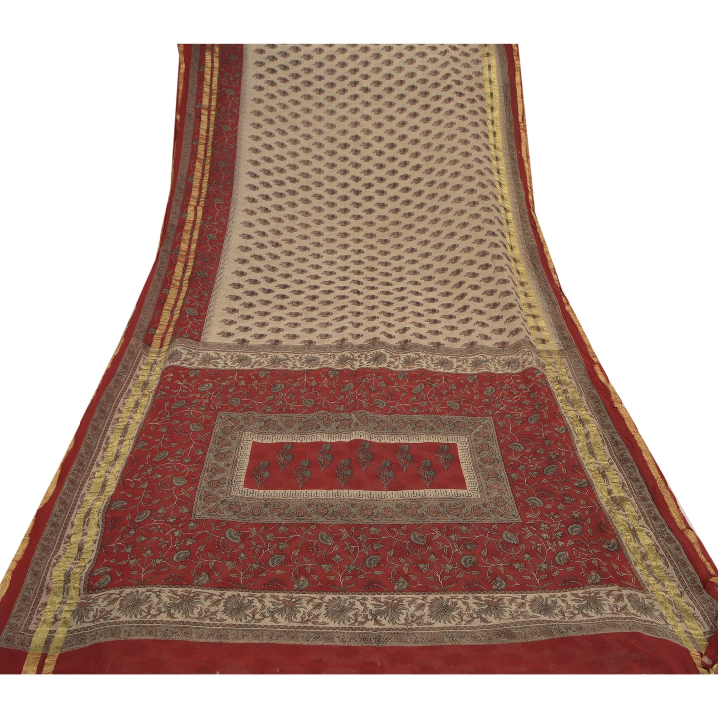 Sanskriti Vintage Cream Saree Blend Georgette Printed Zari Border Sari Sustainable Fabric