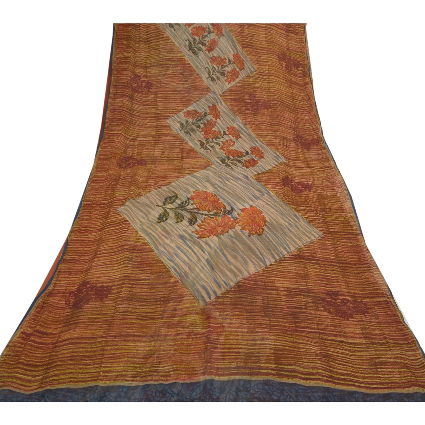 Sanskriti Vintage Brune Sarier Ren Chiffon Silke Trykt Sari 5YD Håndværk Bæredygtigt Stoff