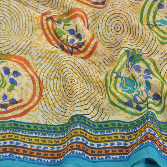 Sanskriti Vintage Cremefarvede Sarier Ren Georgette Silke Trykt Sari 5YD Håndværk Bæredygtigt Stoff