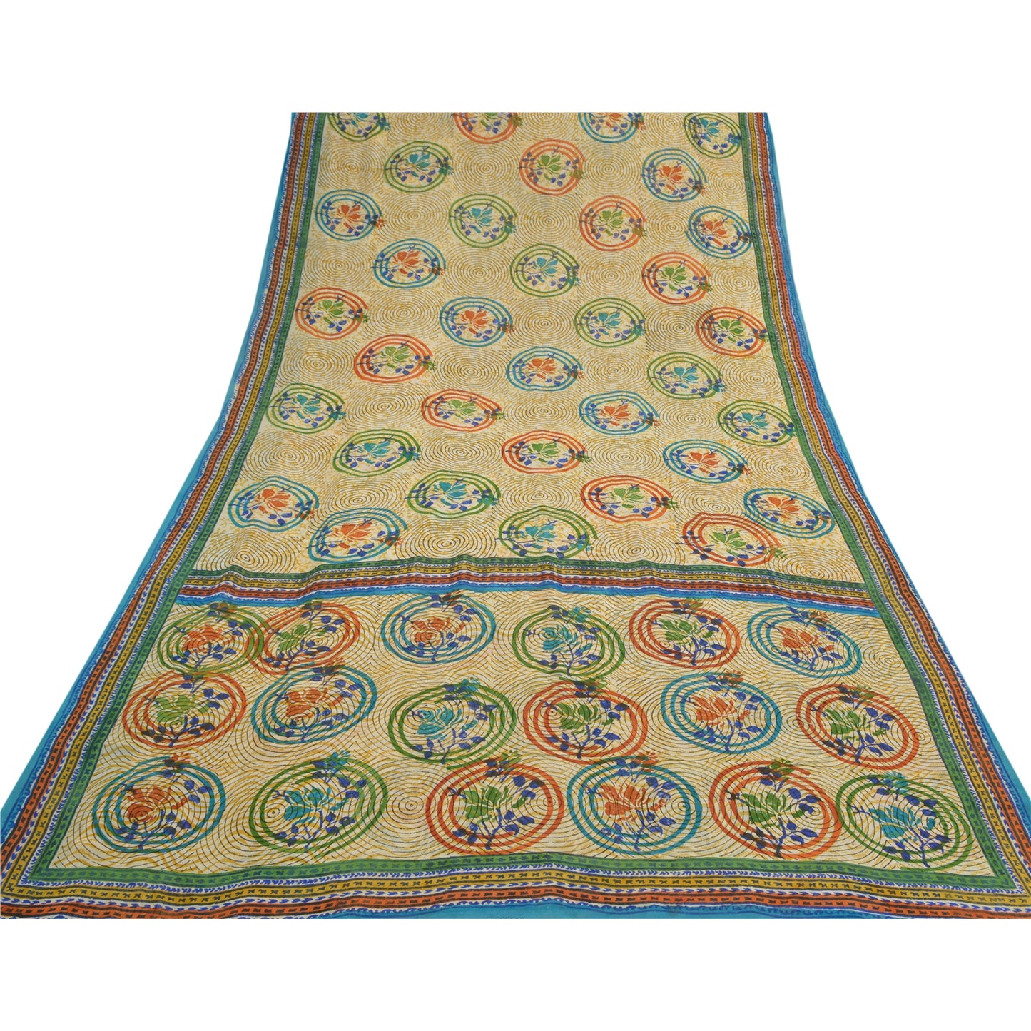 Sanskriti Vintage Cream Sarees Pure Georgette Silk Printed Sari 5YD Craft Sustainable Fabric