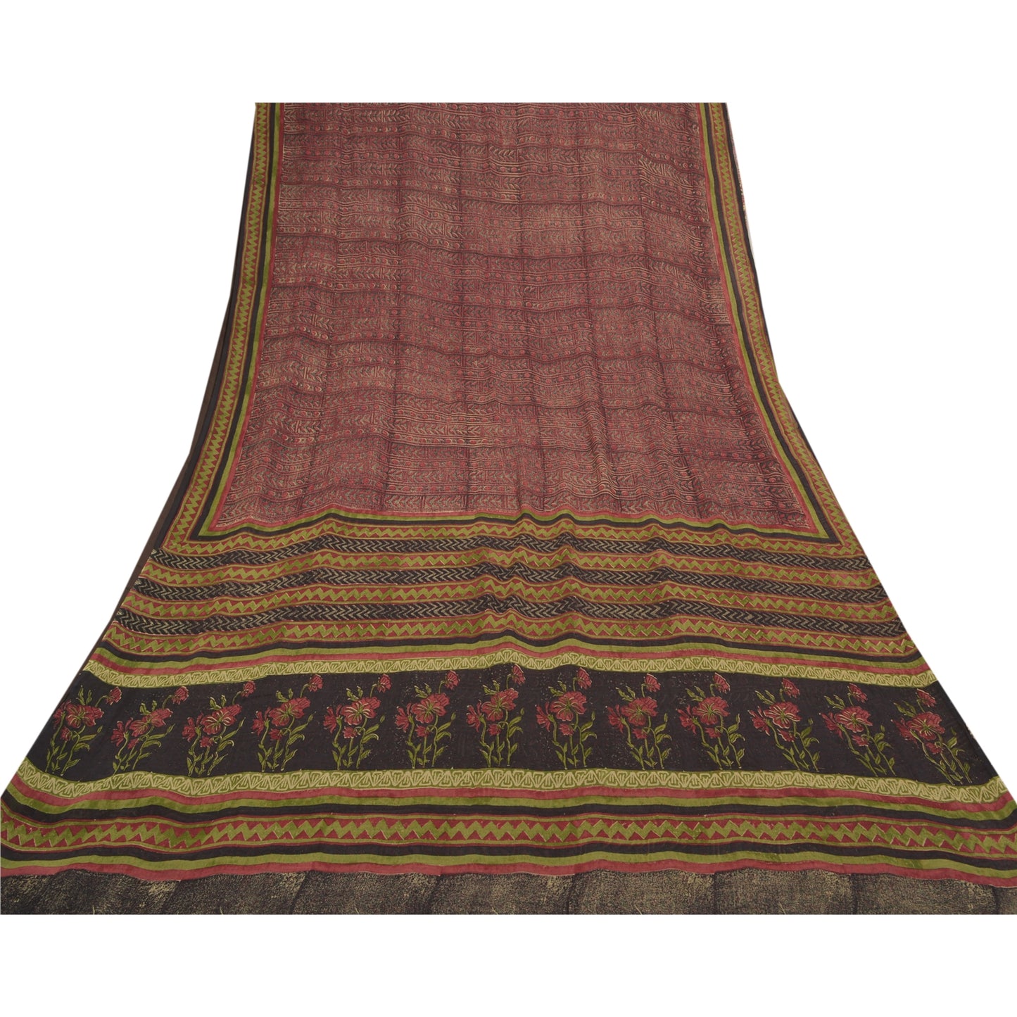 Sanskriti Vintage Røde Sarier 100% Ren Chiffon Silke Trykt Sari Håndværk Bæredygtigt Stoff
