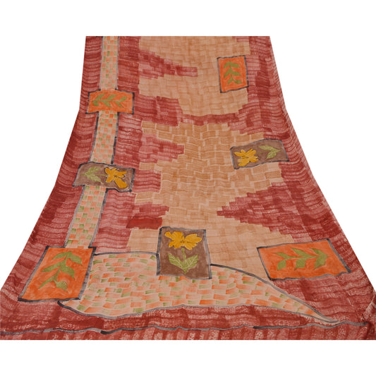 Санскритское винтажное персиковое сари из чистого шелка-жоржета, напечатанное сари, 5 ярдов, устойчивая ткань