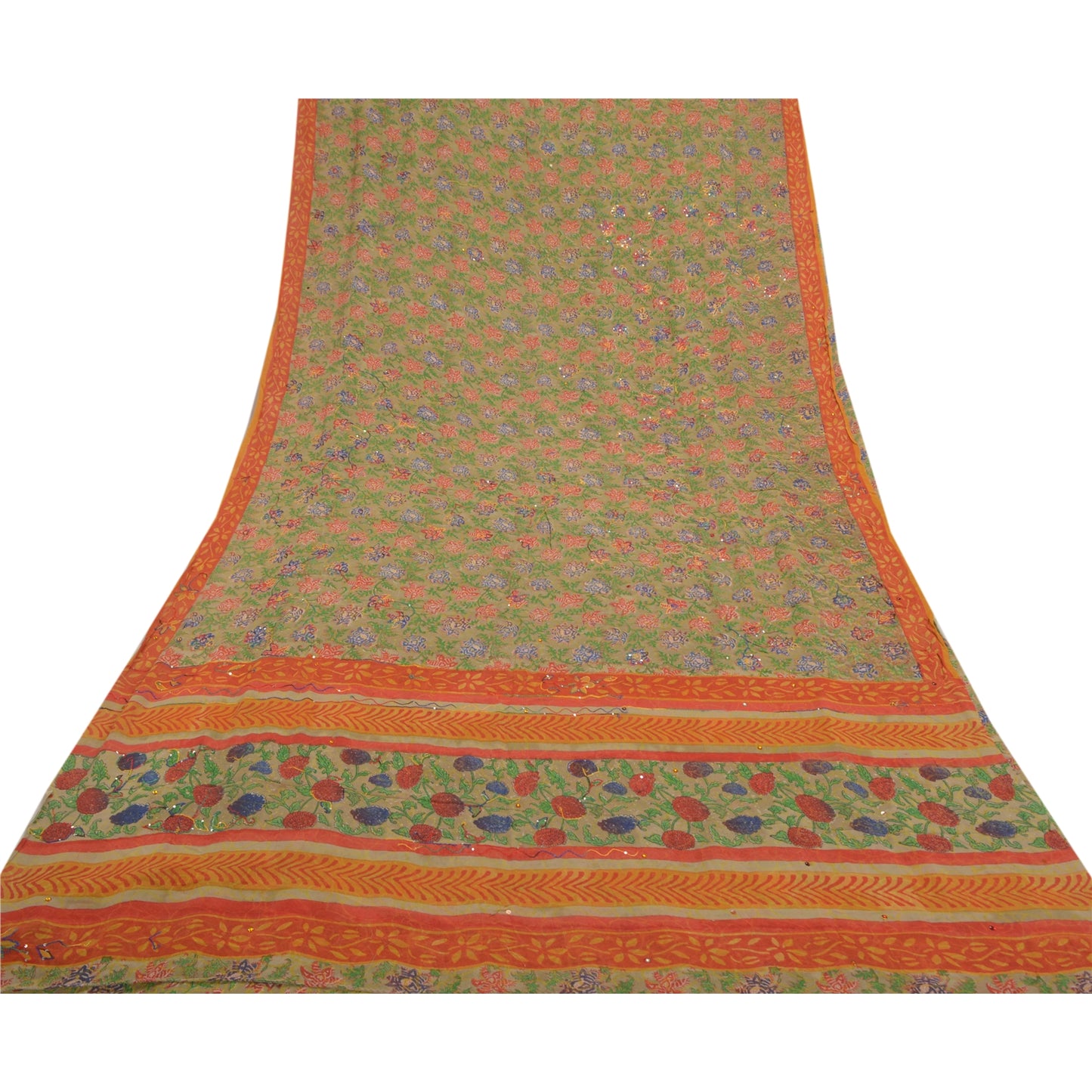 Sanskriti Vintage Grønne Sarier Ren Georgette Silke Trykt Håndperlet Sari Bæredygtigt Stof