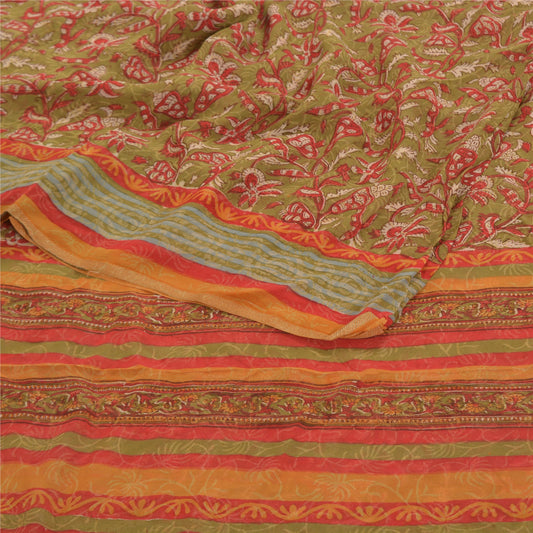Sanskriti Vintage Grønne Sarier Ren Georgette Silke Trykt Sari 5YD Håndværk Bæredygtigt Stoff
