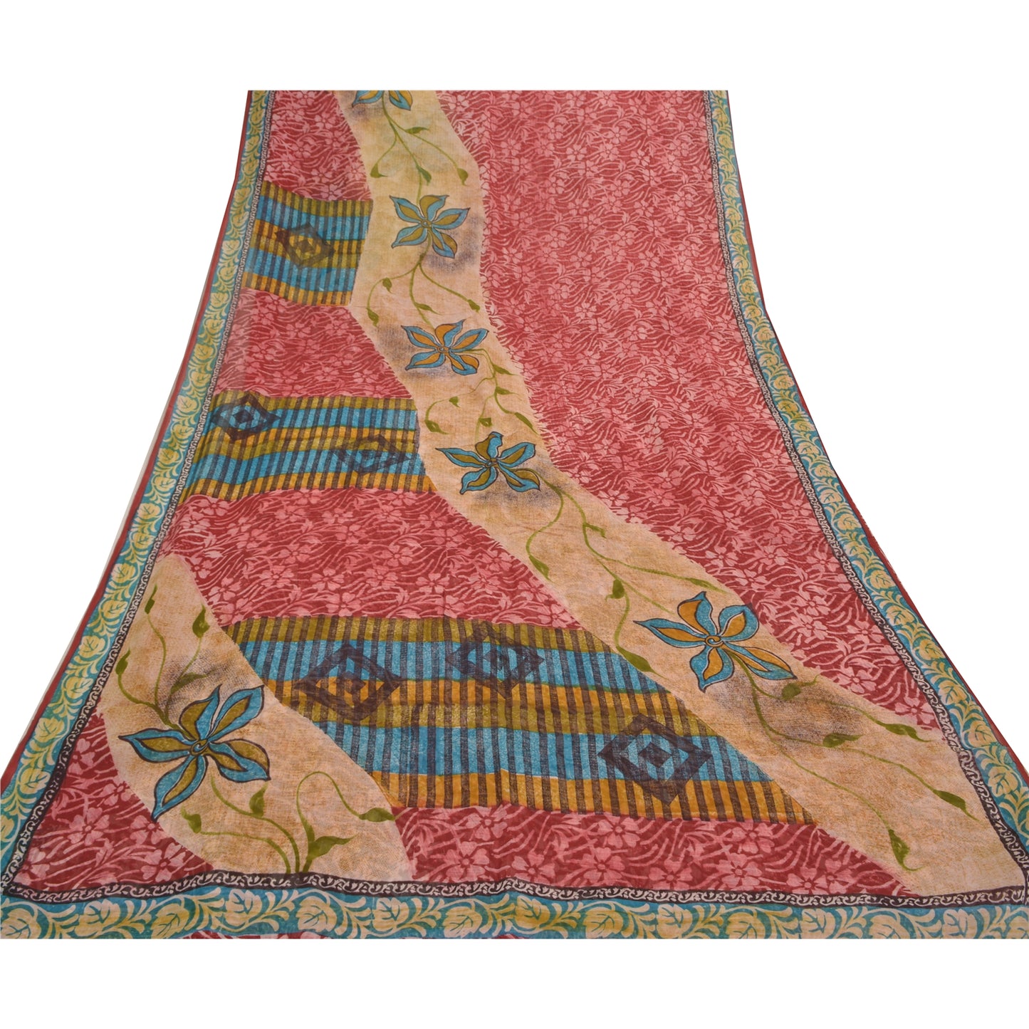 Sanskriti Vintage 100% Pure Georgette Silk Red Floral Printed Saree 5Yd Craft Fabric Boho Floral Quilting Material For DIY Projects