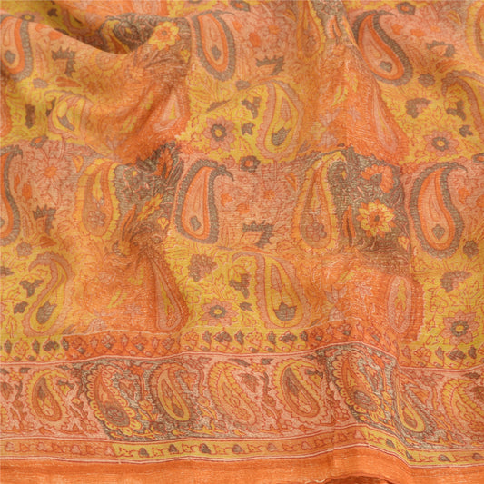 Sanskriti Vintage Orange Sarees Pure Chiffon Silk Printed Sustainable Fabric Craft Sari