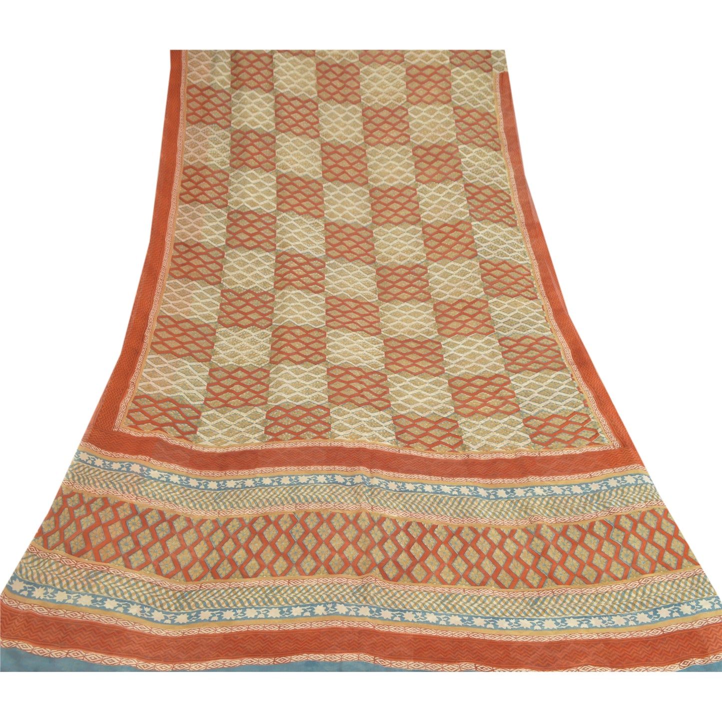 Sanskriti Vintage Cream Sarees Pure Georgette Silk Printed Sari 5YD Craft Sustainable Fabric