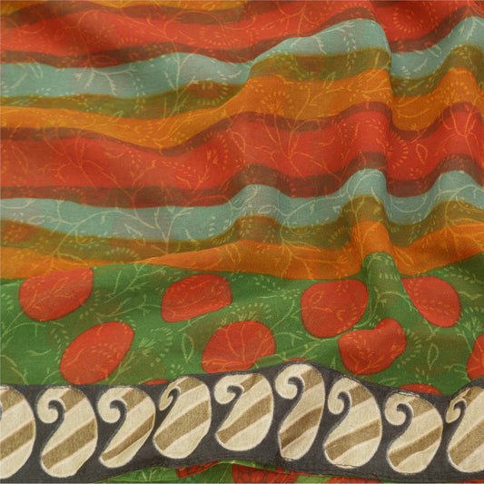 Sanskriti Vintage Green Saree Georgette Printed Sari Soft Decor Craft Sustainable Fabric