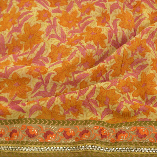 Sanskriti Vintage Cream Saree Blend Georgette Printed Sari 5 Yard Craft Sustainable Fabric