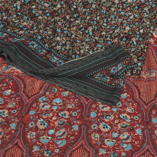Sanskriti Vintage Black Sarees Georgette Floral Printed 5 Yard Soft Sari Sustainable Fabric
