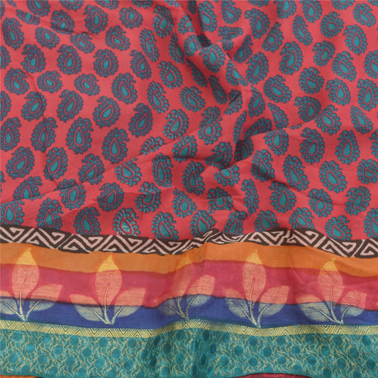 Sanskriti Vintage Sarees Red Blend Georgette Printed Woven Sari 5YD Craft Sustainable Fabric