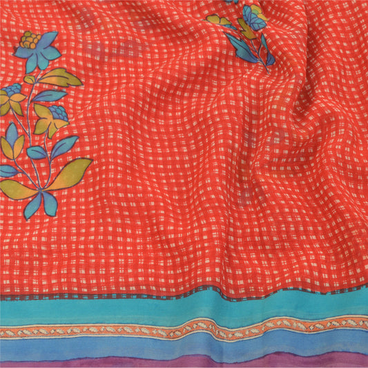 Sanskriti Vintage Sarees Red 100% Pure Georgette Silk Printed Sari Craft Sustainable Fabric