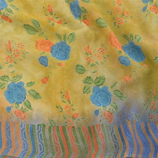 Sanskriti Vintage Green Sarees Pure Georgette Silk Printed Sari 5YD Craft Sustainable Fabric