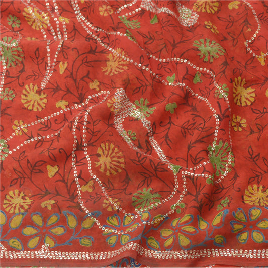 Sanskriti Vintage Red Sarees Pure Georgette Silk Printed Sequins Sari 5YD Sustainable Fabric