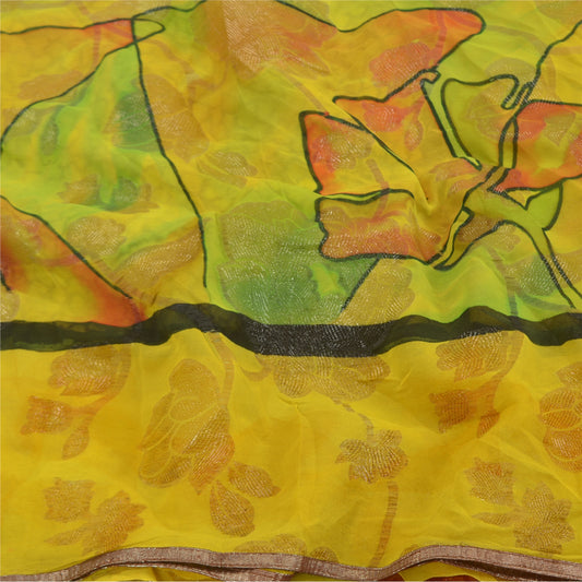 Sanskriti Vintage Green Pure Georgette Silk Printed Woven Sari Soft Craft Sustainable Fabric