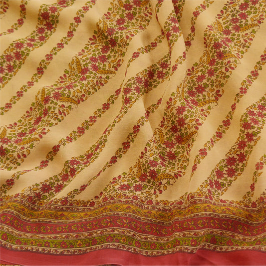 Sanskriti Vintage Sarees Beige Pure Georgette Silk Sari 5YD Printed Craft Sustainable Fabric