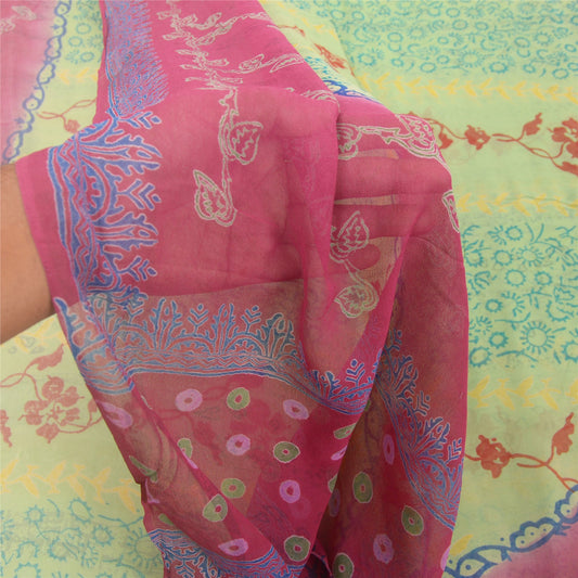 Sanskriti Vintage Sarees Green Pure Georgette Silk Printed Sari 5YD Craft Sustainable Fabric