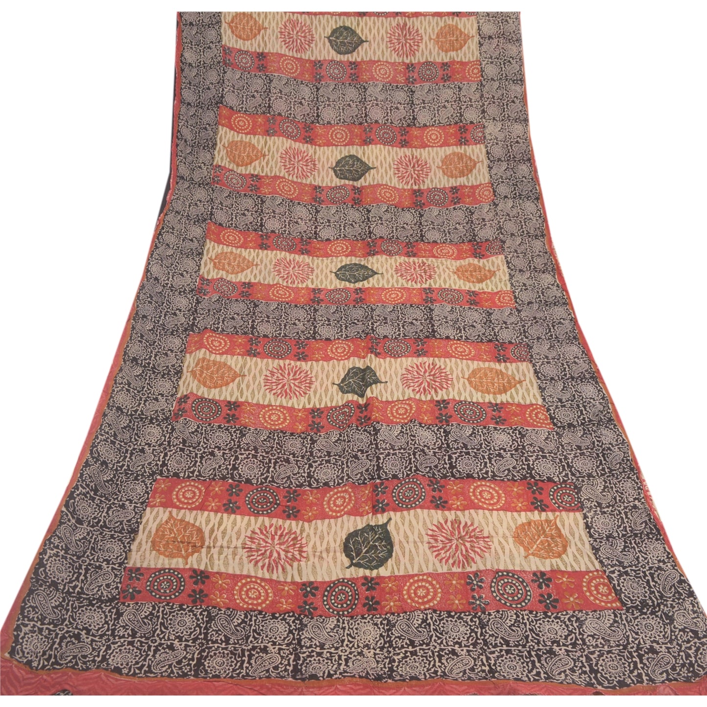 Sanskriti Vintage Black Sarees Blend Georgette Prined Sari Soft 5yd Craft Sustainable Fabric