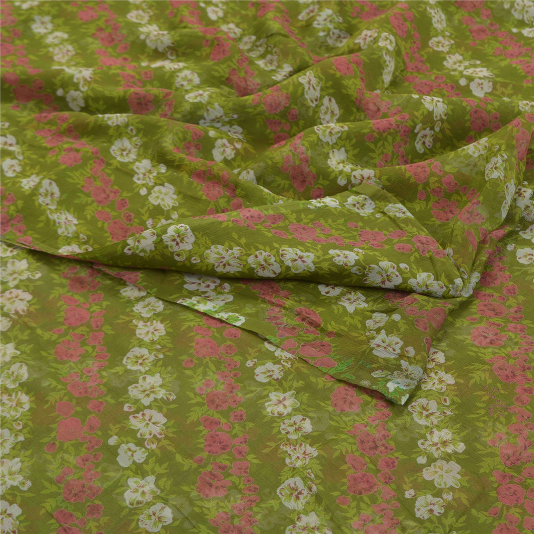 Sanskriti Vintage Green Sarees Pure Chiffon Silk Printed Sari 5YD Craft Fabric
