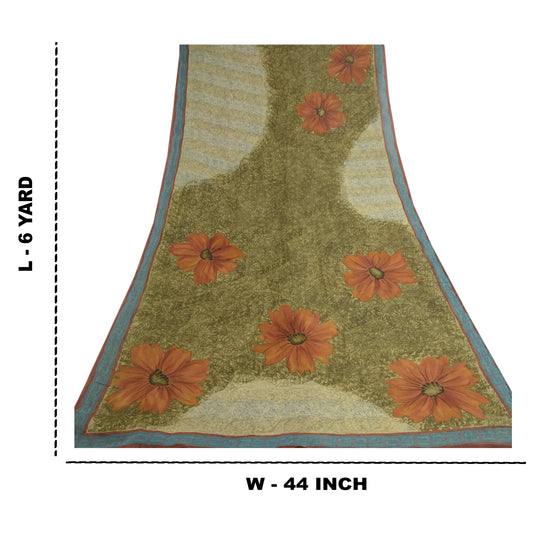 Sanskriti Vintage Green Sarees Pure Georgette Silk Printed Sari 5yd Craft Sustainable Fabric