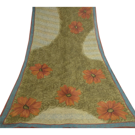 Sanskriti Vintage Grønne Sarier Ren Georgette Silke Trykt Sari 5yd Håndværk Bæredygtigt Stoff