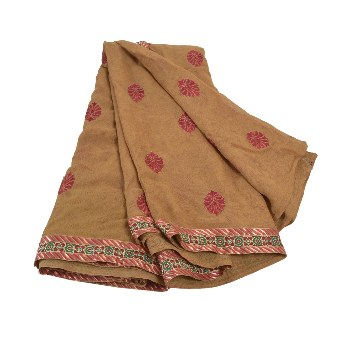 Sanskriti Vintage Brown Sarees Blend Georgette Embroidered Sari 5yd Craft Sustainable Fabric