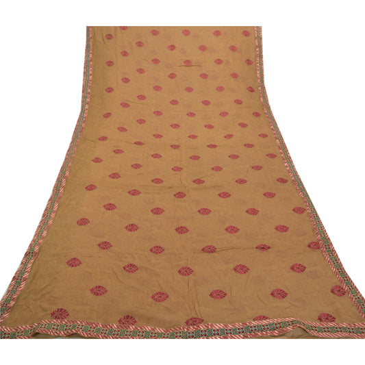 Sanskriti Vintage 100% Pure Georgette Silk Brown Embroidered Sarees 5Yd Craft Fabric Create-Floral Dresses, Kaftans, Skirts, Tops