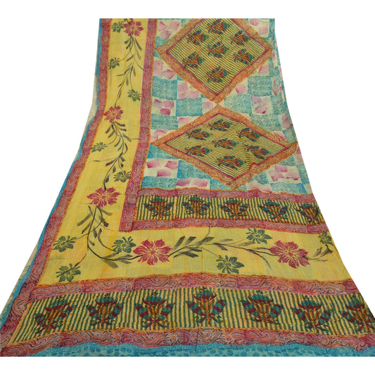 Sanskriti Vintage Sari Pure Georgette Printed Multicolor Saree 5 Yd Soft Craft Fabric Floral Recycled For Quilting Felting, Home Decor
