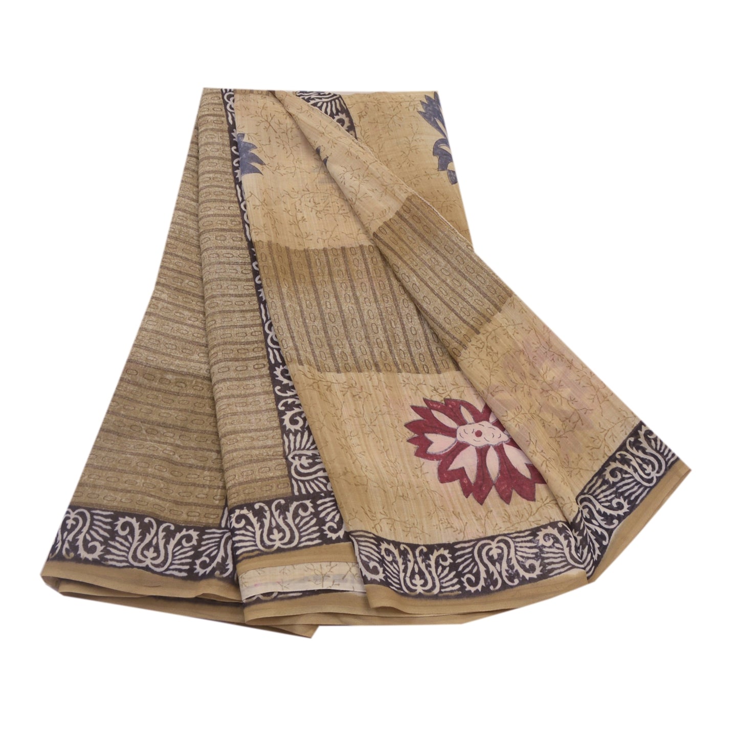 Sanskriti Vintage Cream Sarees Pure Georgette Silk Printed Sari 5YD Craft Sustainable Fabric