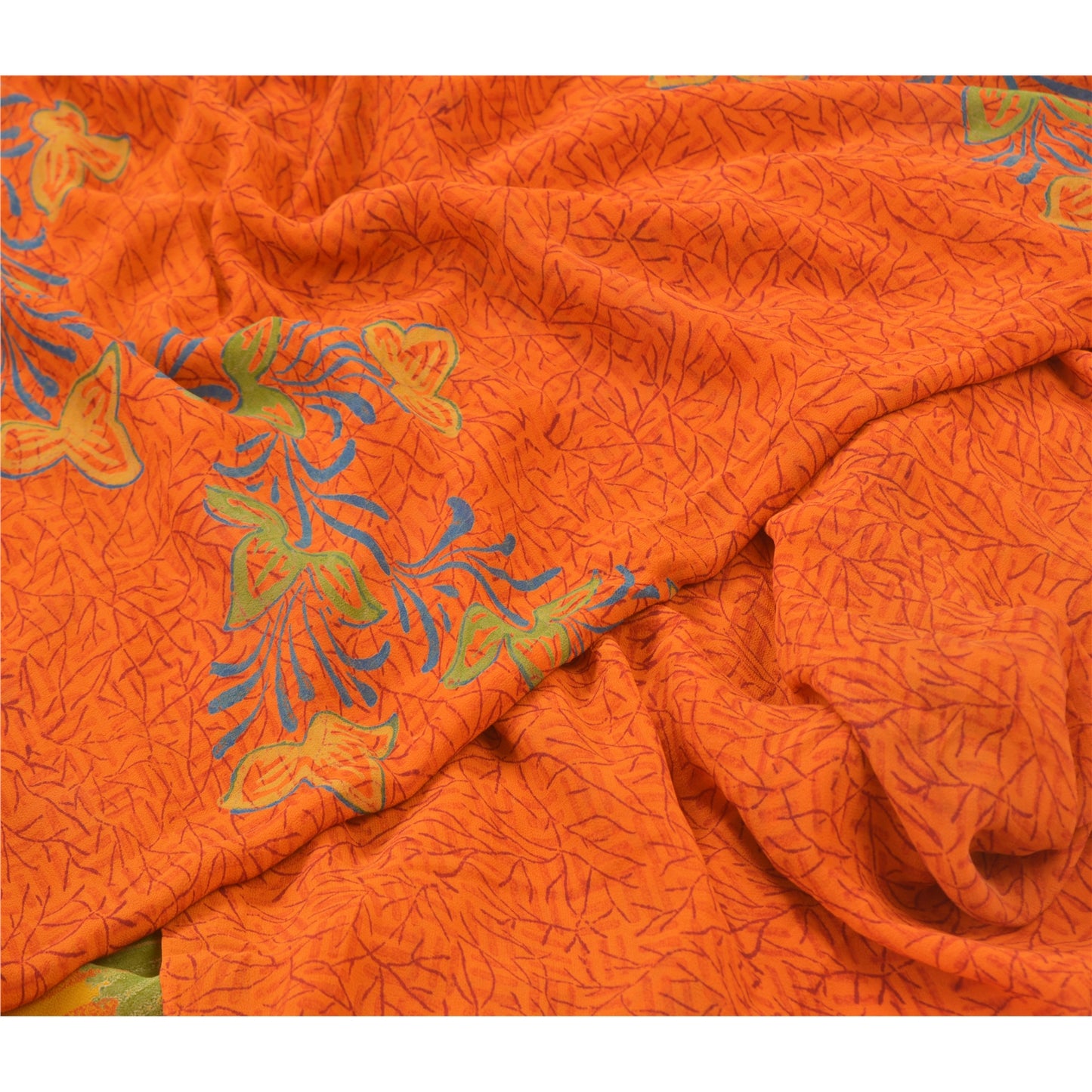 Sanskriti Vintage Orange Sarees Pure 100% Georgette Printed Sari Craft Sustainable Fabric