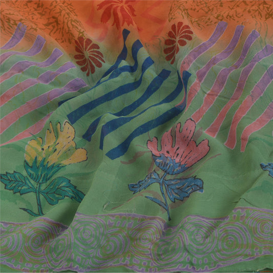 Sanskriti Vintage Green & orange Sarees 100% Pure Georgette Printed Sari Craft