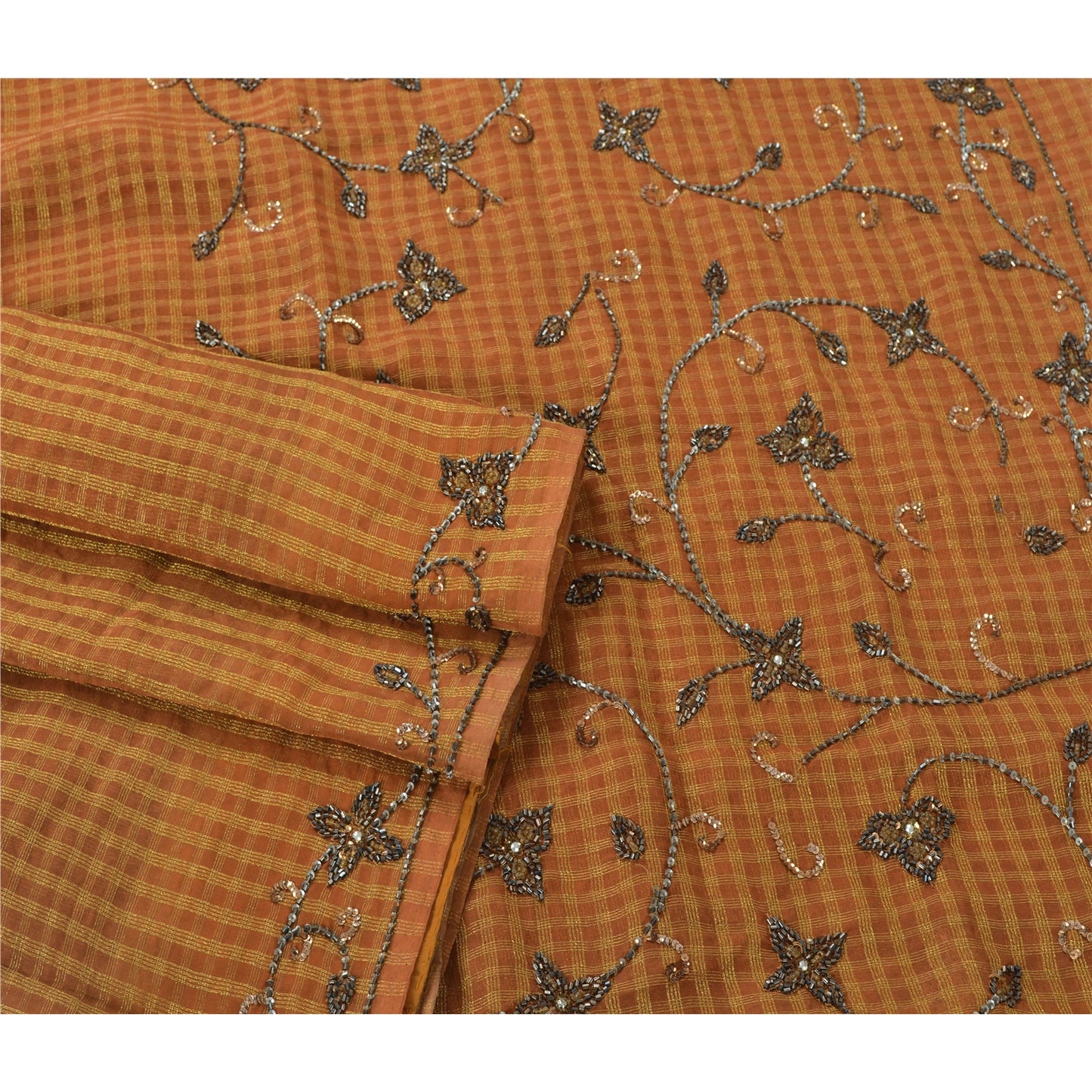 Sanskrit Vintage Orange Saree Georgette Hand Beaded Woven Sustainable Fabric Premium Sari