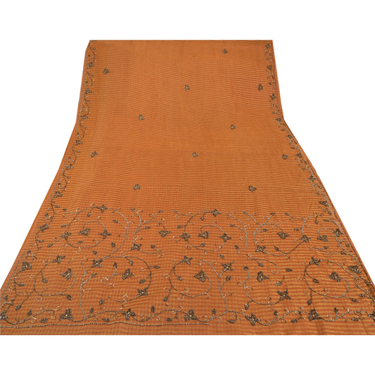 Sanskrit Vintage Orange Saree Georgette Hand Beaded Woven Sustainable Fabric Premium Sari