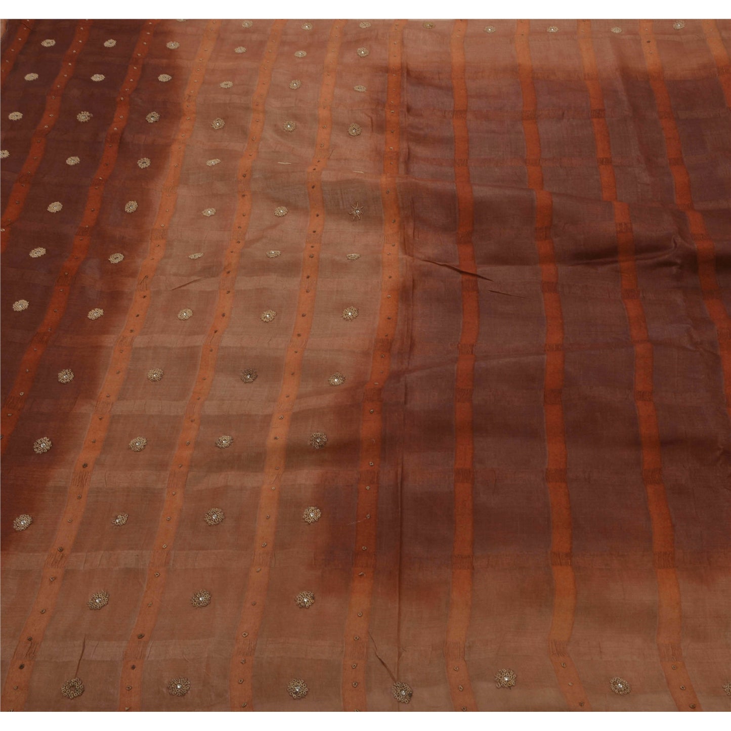 Sanskriti Vintage Saree 100% Pure Silk Hand Beaded Sustainable Fabric Brown 5 Yard Sari